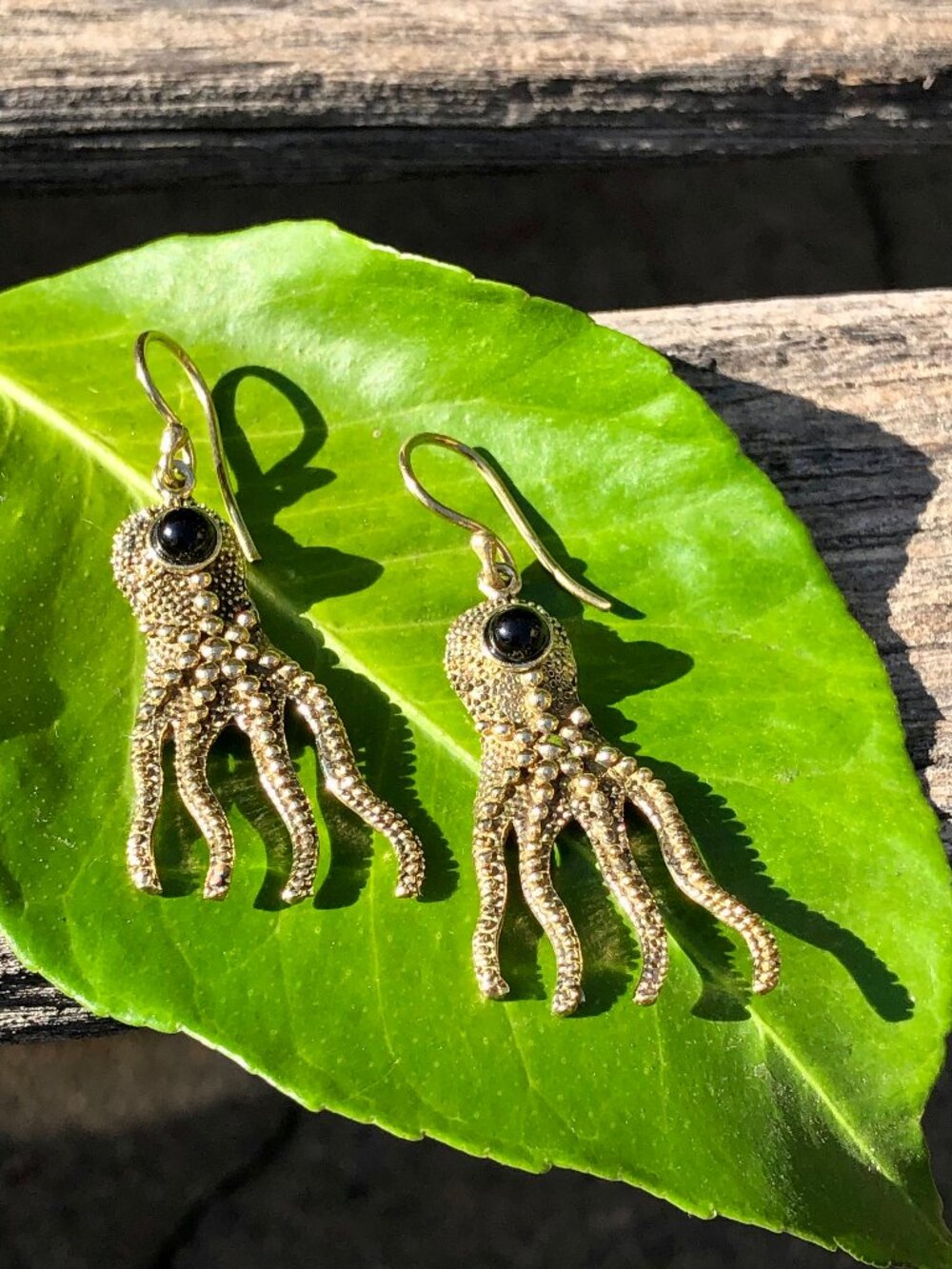 Brass Octopus Earrings Gold Tone with Black Stone Animal Jewelry Boho Style